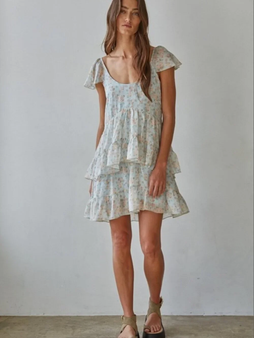 NWT Boutique: By Together Petalune Ruffle Floral Mini Dress - Light Blue - Picture 1 of 4